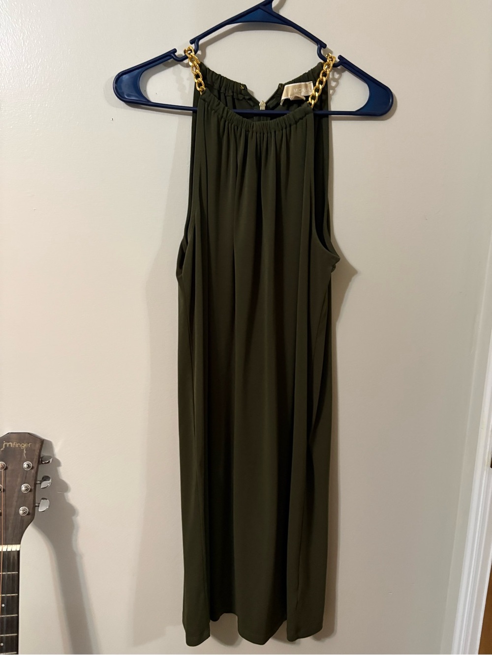 MICHAEL Michael Kors Olive Green One-Shoulder Dress with Gold Chain